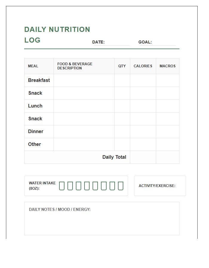 Printable Healthy Eating Calorie Counter Log Chart