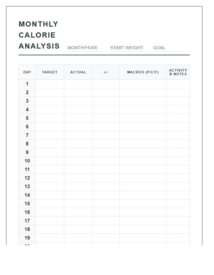 Printable Monthly Calorie Counter Analysis Log Chart