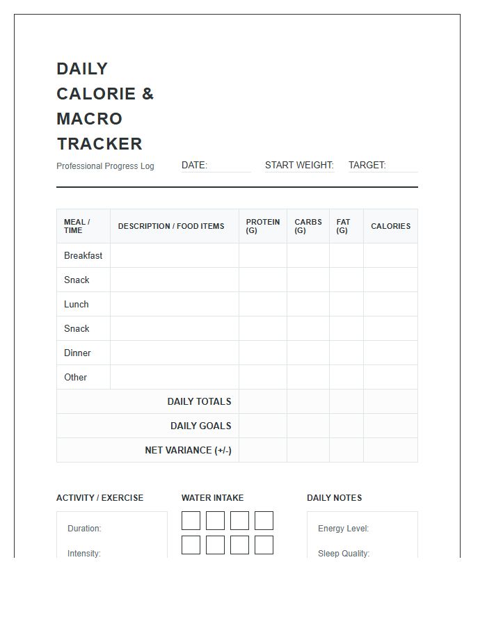 Printable Professional Calorie Counter Log Progress Chart