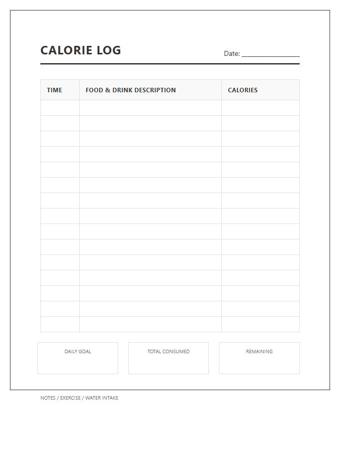 Printable Simple Calorie Counter Log Tracking Chart