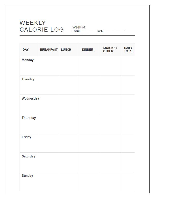 Printable Weekly Calorie Counter Log Sheet Chart