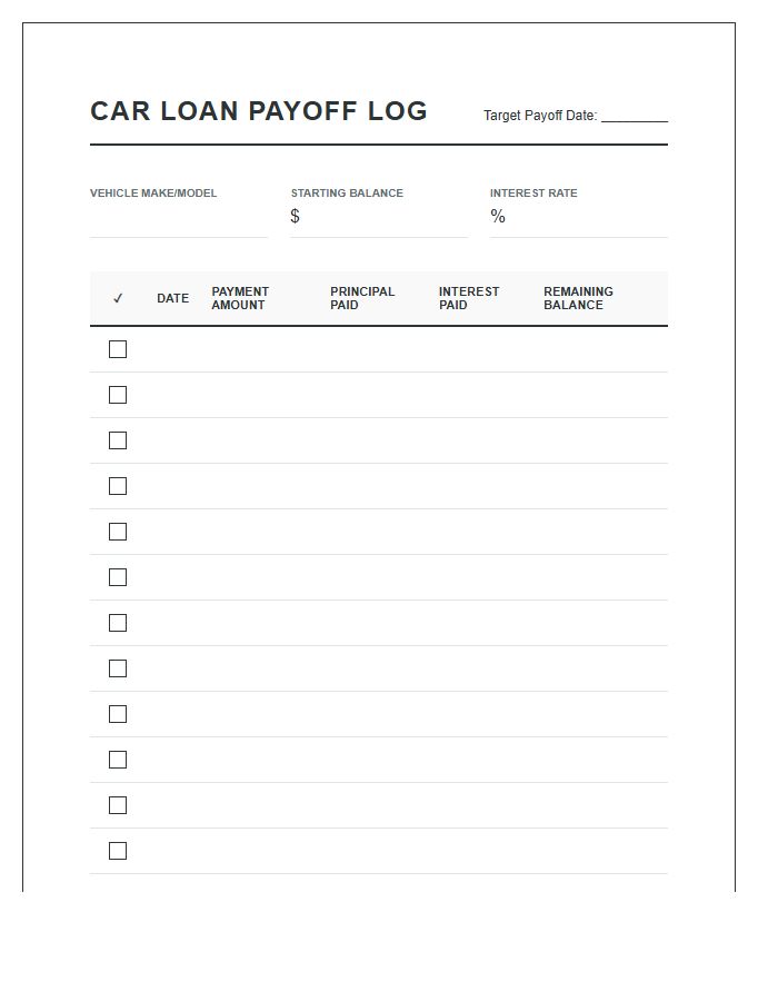 Car Loan Debt Payoff Log Chart Printable Sheet