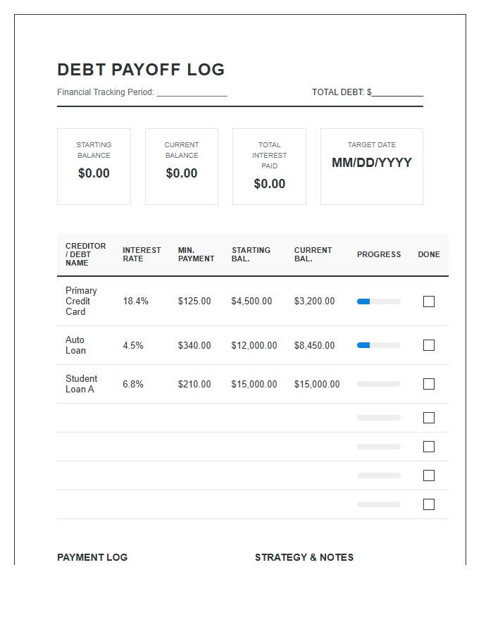Comprehensive Debt Payoff Log Chart Printable Organizer