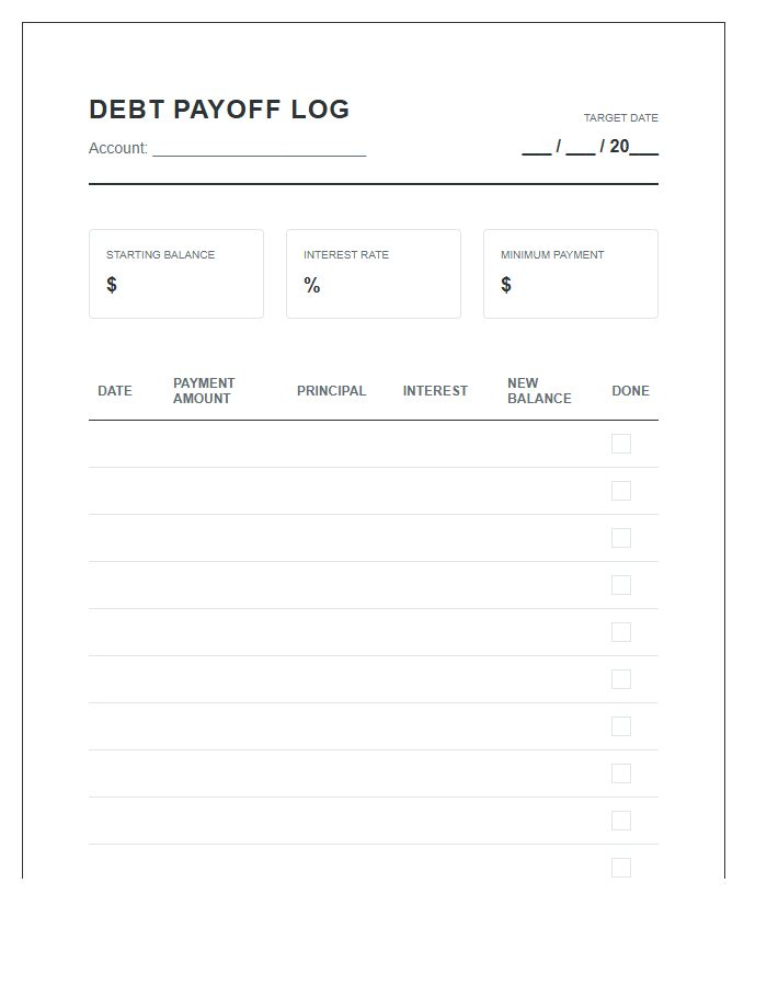 Debt Payoff Log Chart Printable For Personal Finance