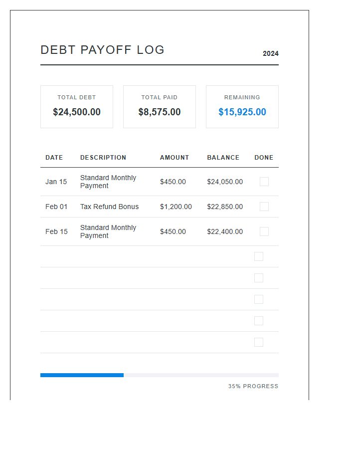 Minimalist Debt Payoff Log Chart Printable Design