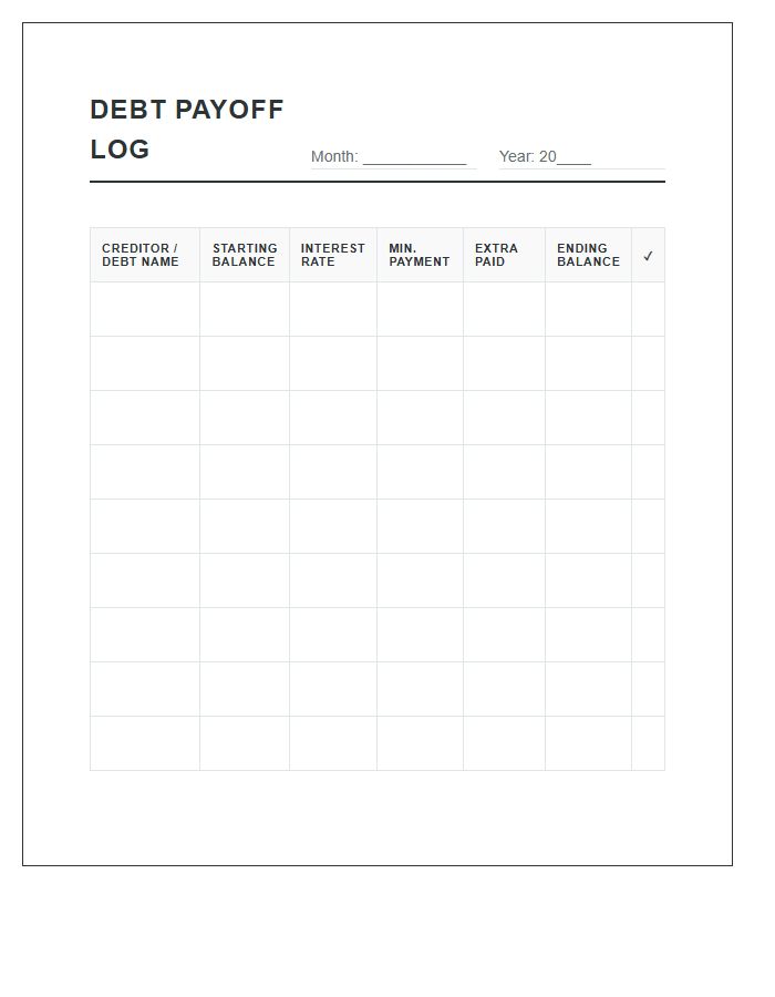 Monthly Debt Payoff Log Chart Printable Ledger