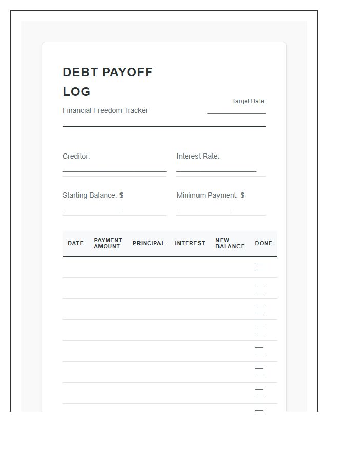 Printable Debt Payoff Log Chart Budgeting Tool