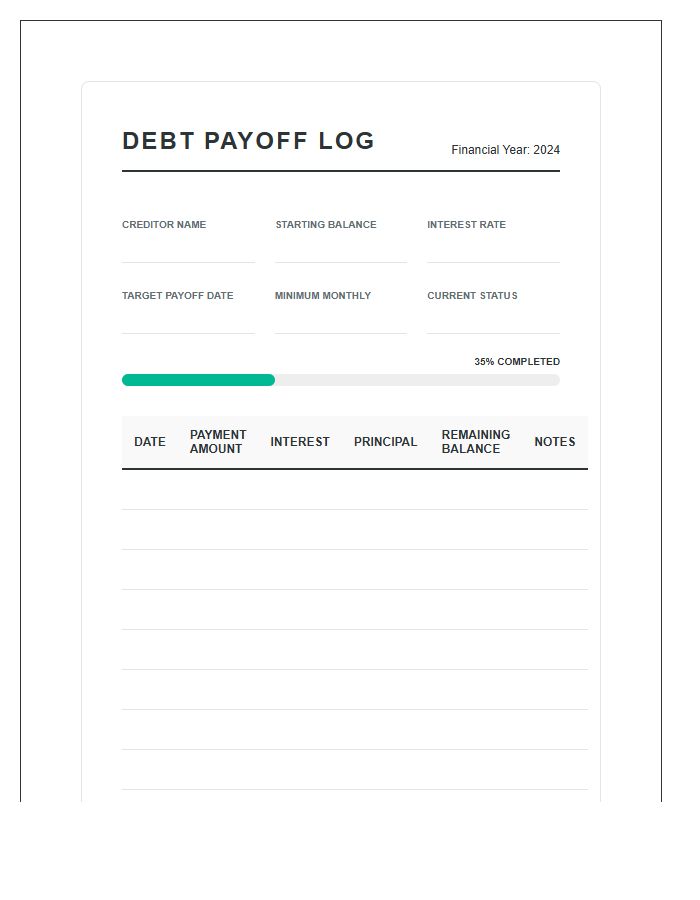 Printable Debt Payoff Log Chart Financial Goal Tracker