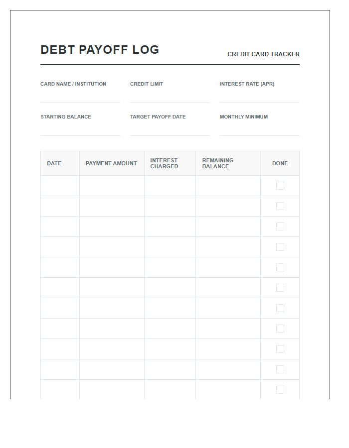 Printable Debt Payoff Log Chart For Credit Cards