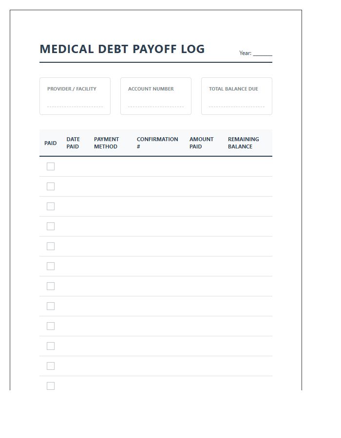 Printable Debt Payoff Log Chart For Medical Bills
