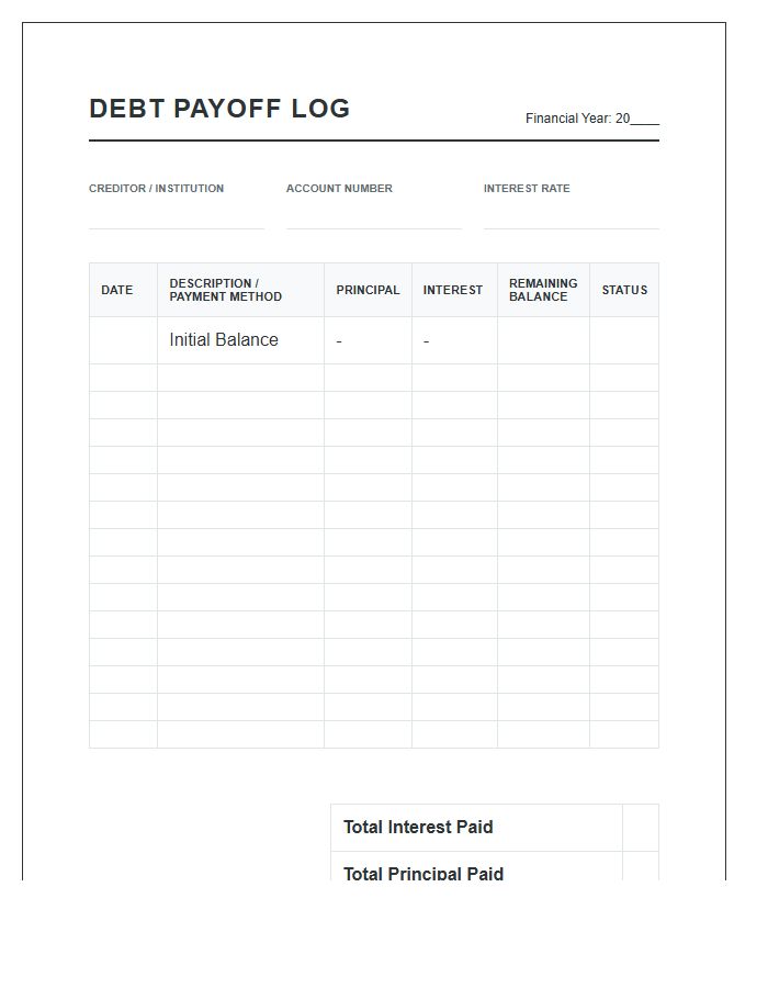 Printable Debt Payoff Log Chart For Small Business