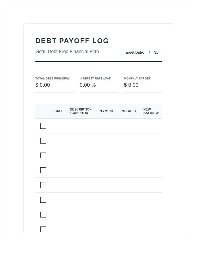 Printable Debt Payoff Log Chart Savings Plan