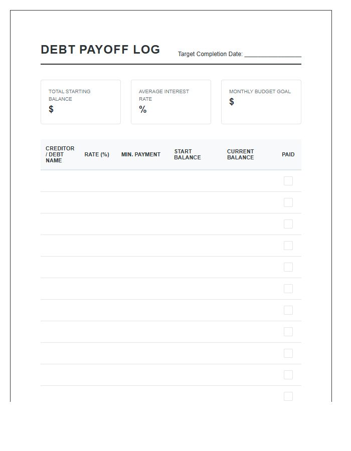 Printable Debt Payoff Log Chart With Interest Rates