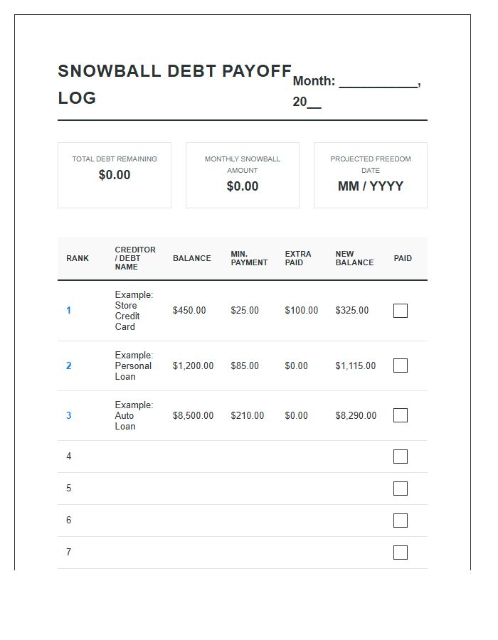 Snowball Method Debt Payoff Log Chart Printable