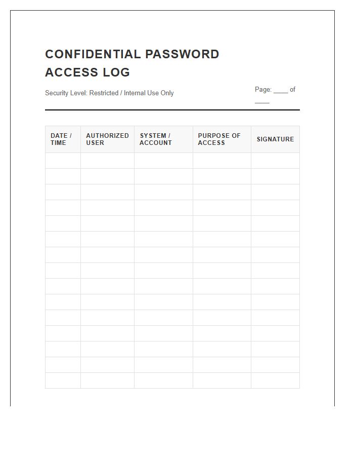 Confidential Password Access Log Printable Chart