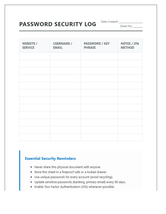 Essential Password Security Log Printable Chart