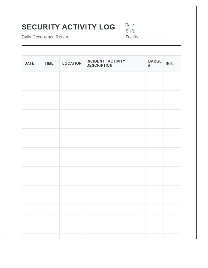 Organized Security Log Printable Chart