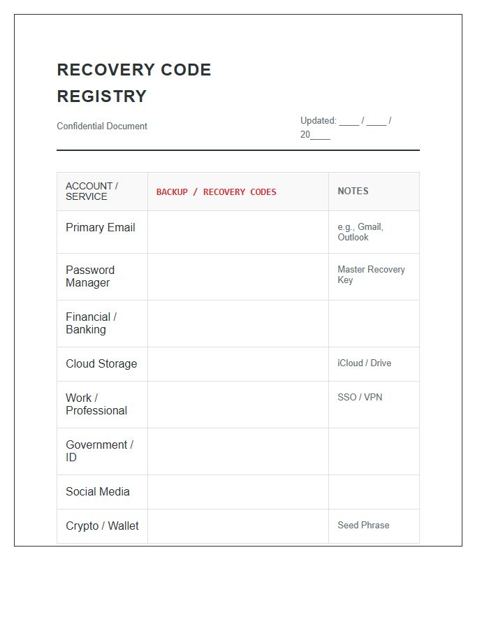 Personal Security Recovery Code Printable Chart