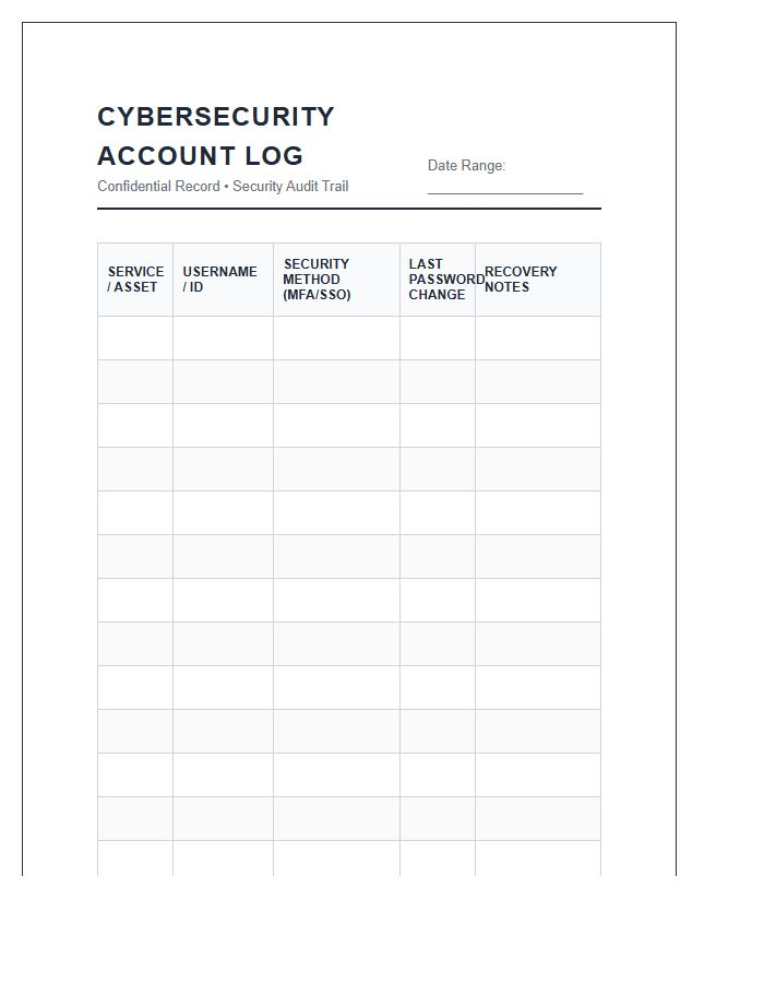 Printable Cybersecurity Account Log Chart