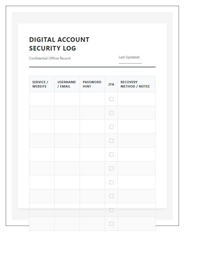 Printable Digital Account Security Log Chart