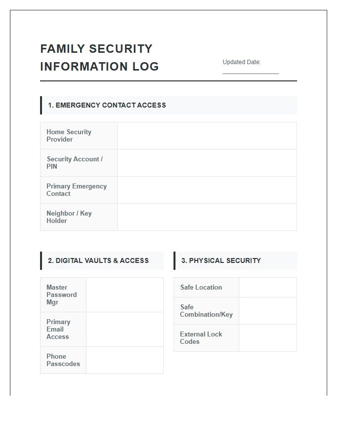 Printable Family Security Information Log Chart