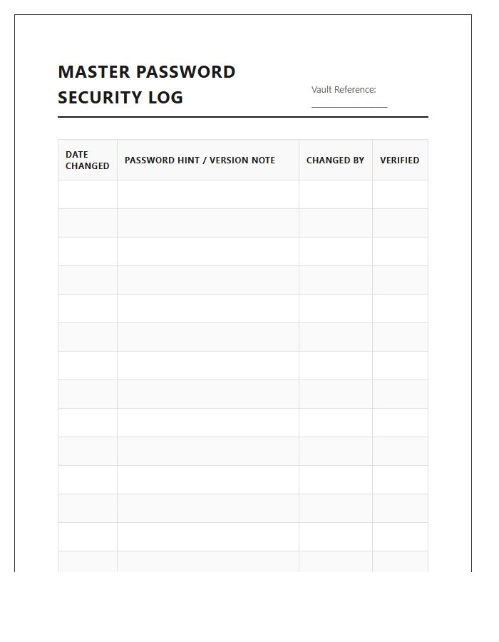 Printable Master Password Security Log Chart