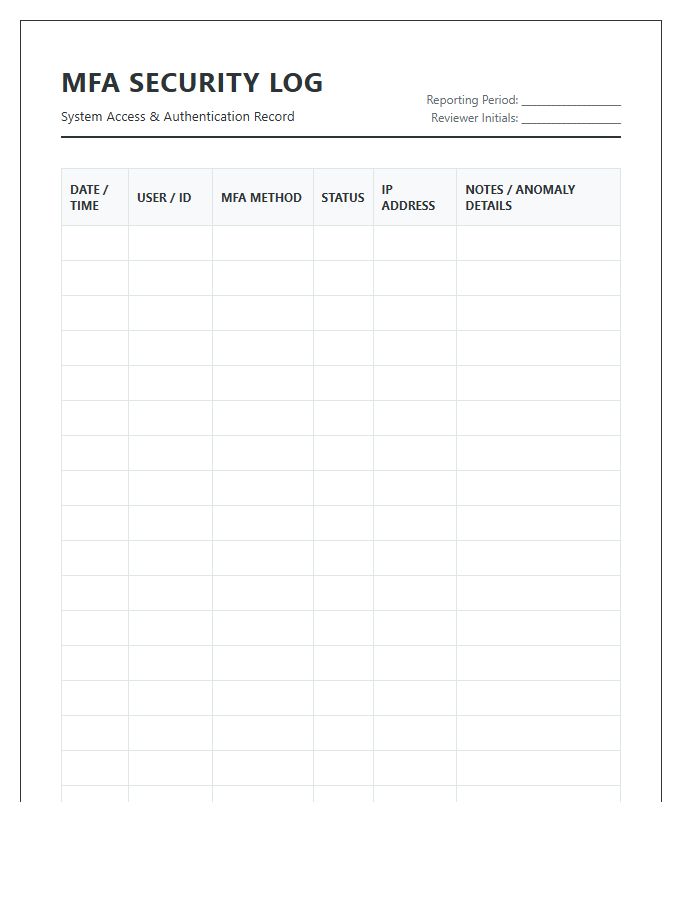 Printable Multi Factor Authentication Security Log Chart