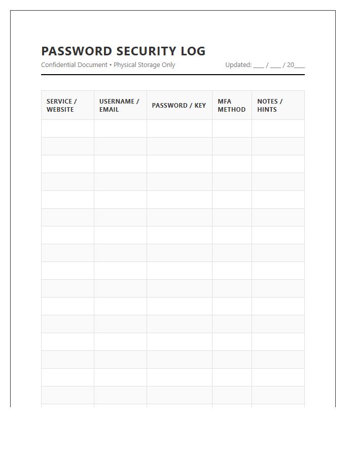 Printable Password Security Log Chart