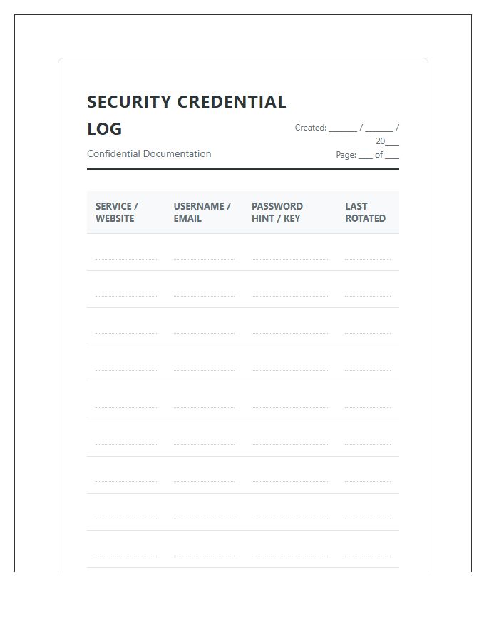 Professional Password Security Tracking Printable Chart