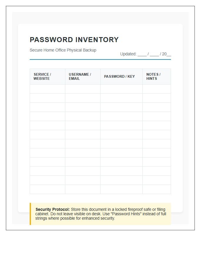 Secure Home Office Printable Password Chart
