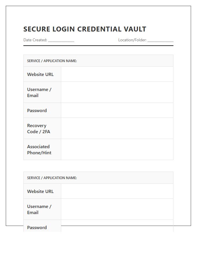 Secure Login Credential Printable Chart
