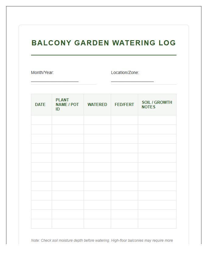 Balcony Garden Watering Log Printable Chart