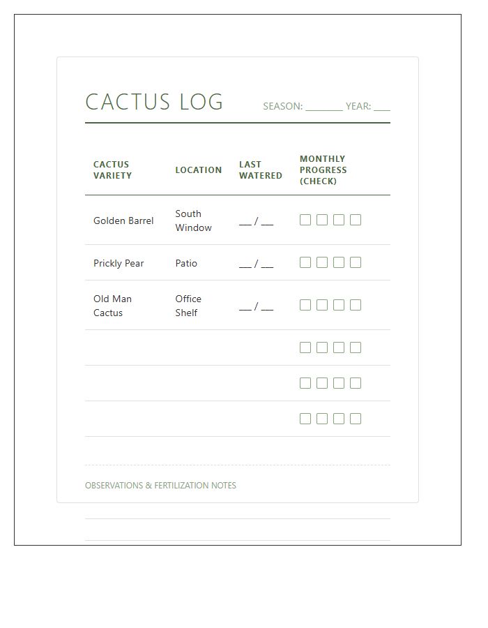 Cactus Care Watering Log Printable Chart