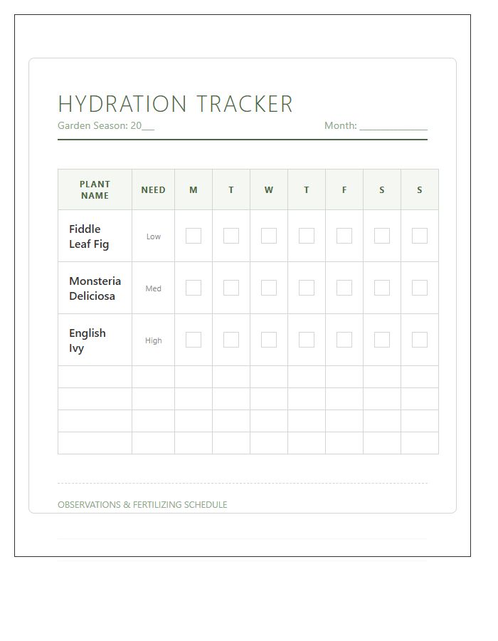 Garden Plant Hydration Tracker Printable Chart