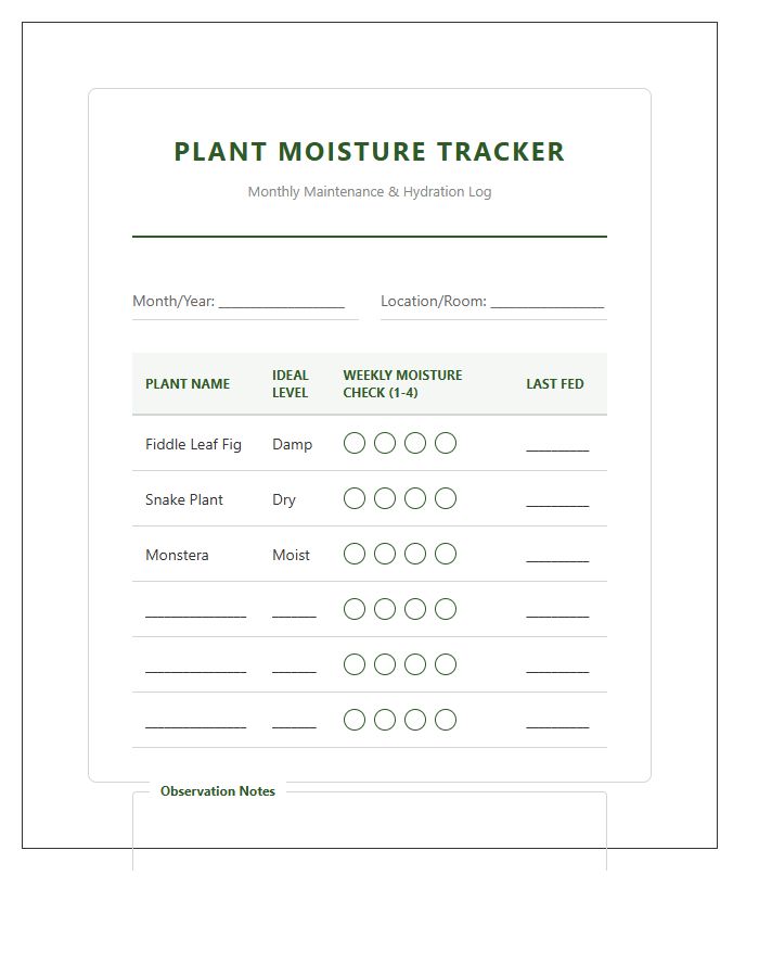 Houseplant Moisture Level Tracker Printable Chart