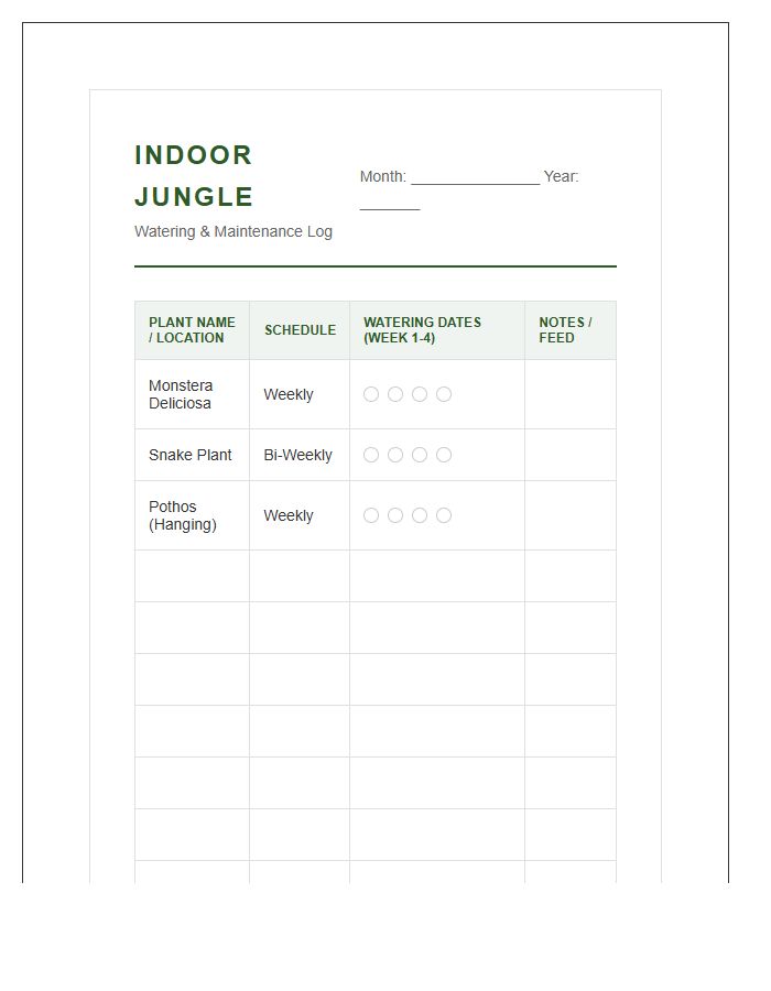 Indoor Jungle Watering Log Printable Chart