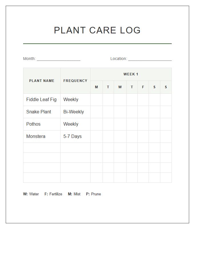 Indoor Plant Care Tracking Chart Printable