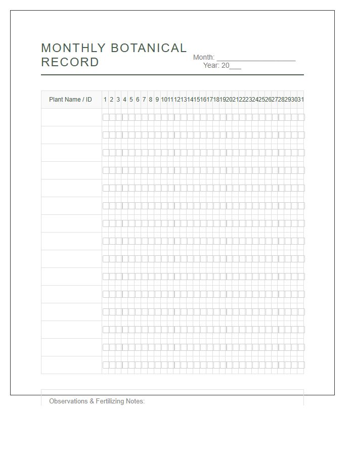 Monthly Botanical Watering Record Printable Chart