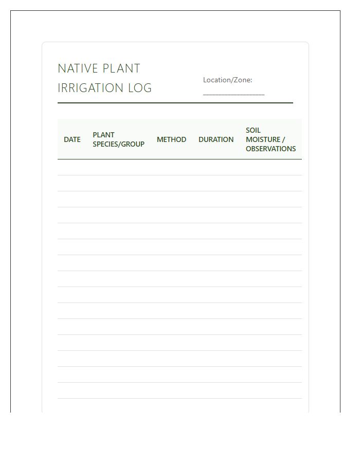 Native Plant Irrigation Log Printable Chart