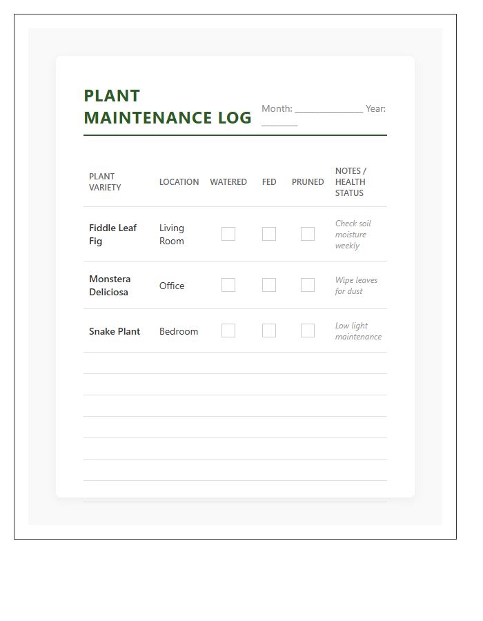 Potted Plant Maintenance Log Printable Chart