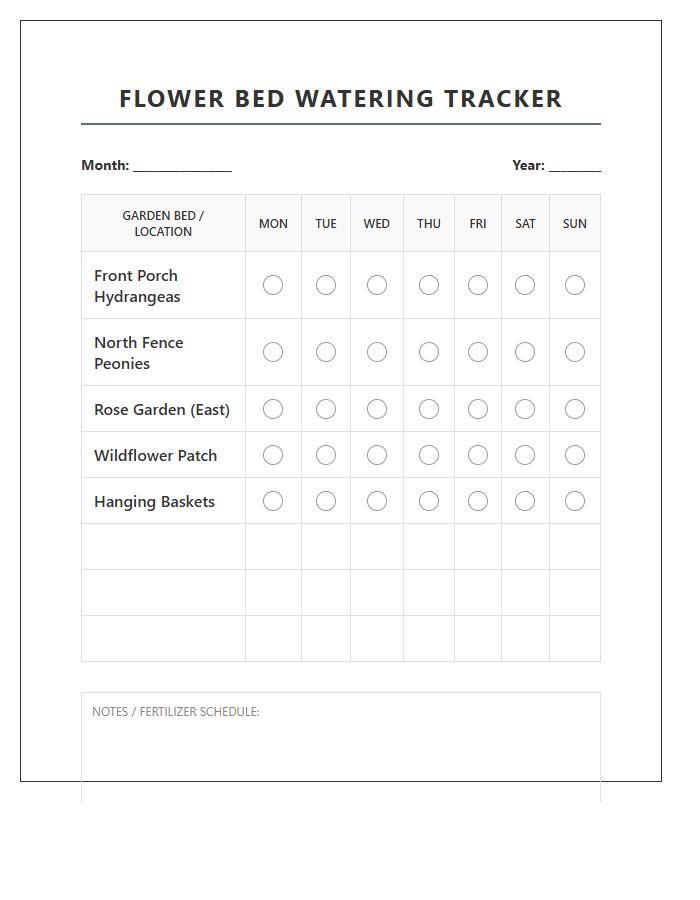 Printable Flower Bed Watering Tracker Chart