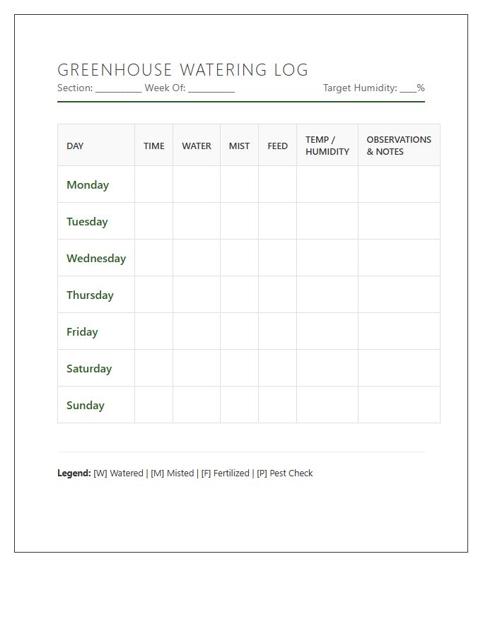 Printable Greenhouse Watering Schedule Log Chart