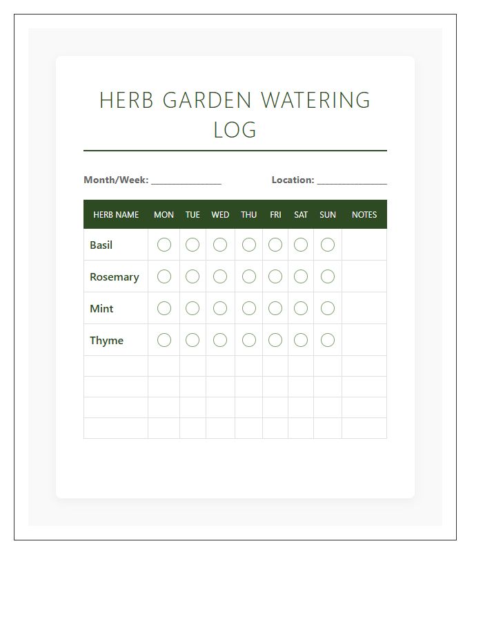 Printable Herb Garden Watering Log Chart