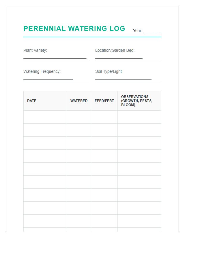 Printable Perennial Watering History Log Chart