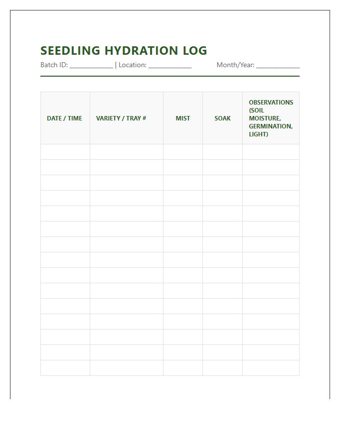 Printable Seedling Hydration Record Log Chart