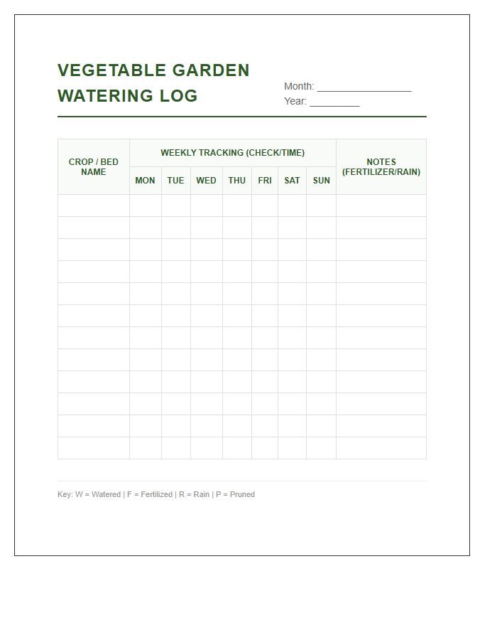 Printable Vegetable Garden Watering Log Chart