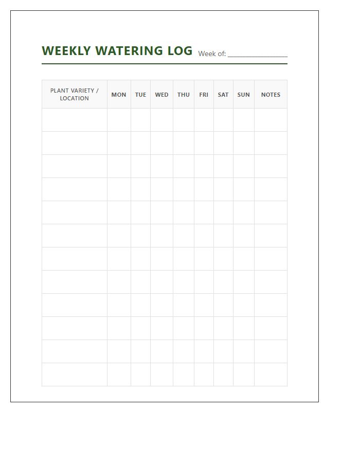 Printable Weekly Plant Watering Log Chart