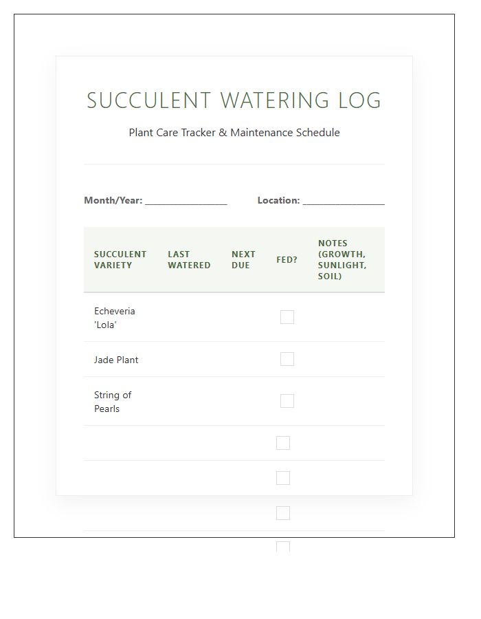 Succulent Watering Log Sheet Printable Chart