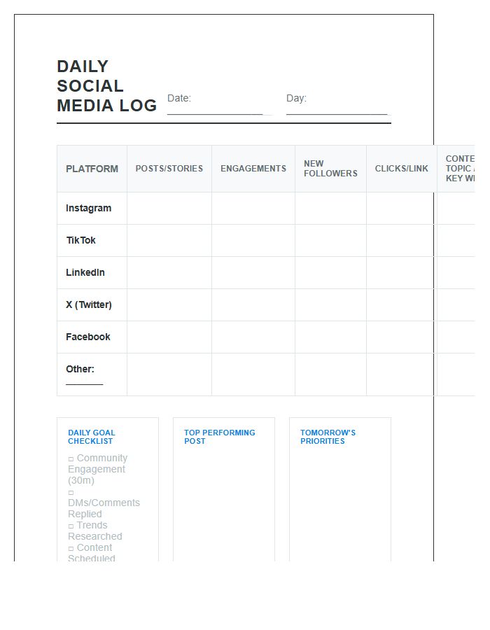 Daily Social Media Performance Log Printable Chart
