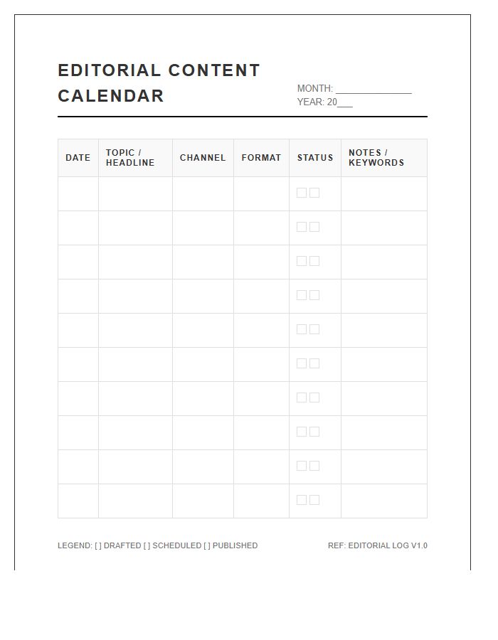 Editorial Content Calendar Log Printable Chart